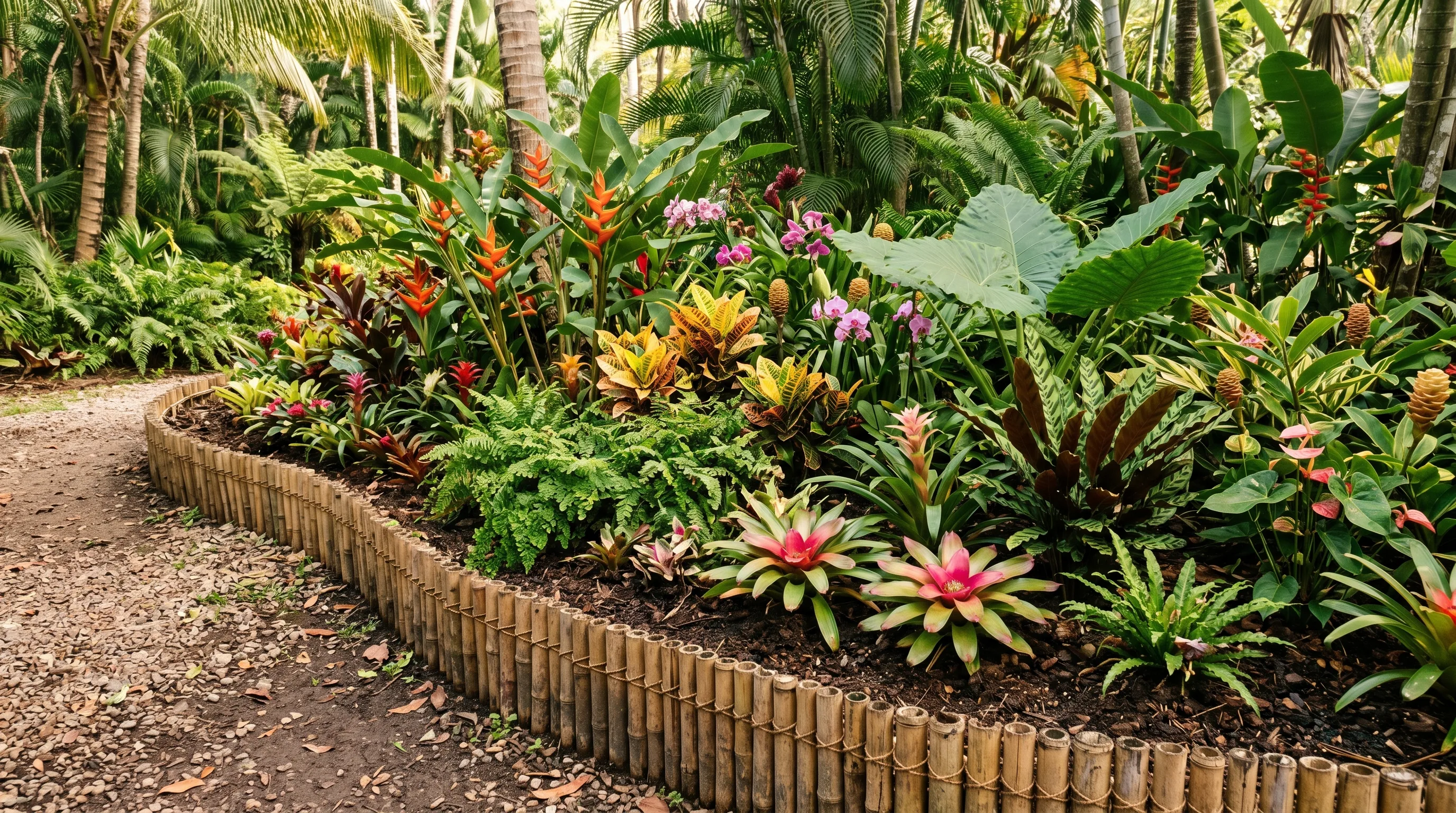 Bamboo border edging a tropical-style flower bed.